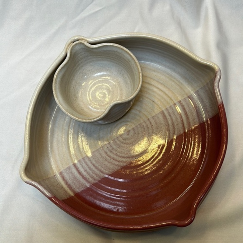 Handmade Pottery Chip and attached Dip Bowl